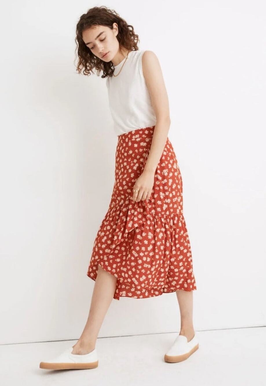 Madewell Ruffle-Wrap Midi Skirt in Happy Hibiscus size 2